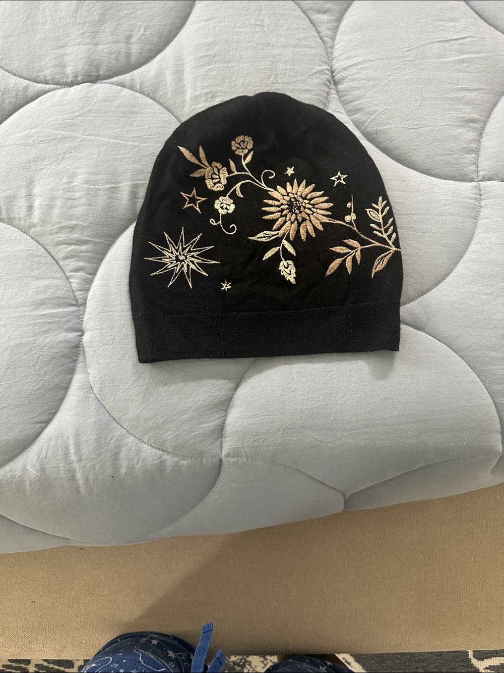 Johnny Was Black Beanie with Gold Floral Embroidery
